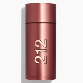 A metallic rose-hued cylindrical bottle holds the Carolina Herrera 212 Sexy Men EDT (100ml), featuring "212" printed vertically and "Carolina Herrera" engraved near the base.