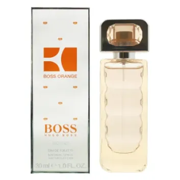 A 30ml bottle of Hugo Boss Boss Orange EDT Spray for Women is displayed beside its packaging, which features orange and black branding.