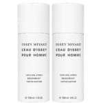 Two white cylindrical bottles of 2x Issey Miyake L'eau D'issey 150ml Deodorant Spray for Men are shown, each labeled 150ml / 5 fl. oz.