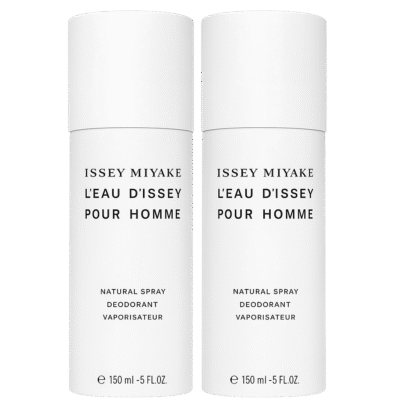 Two white cylindrical bottles of 2x Issey Miyake L'eau D'issey 150ml Deodorant Spray for Men are shown, each labeled 150ml / 5 fl. oz.