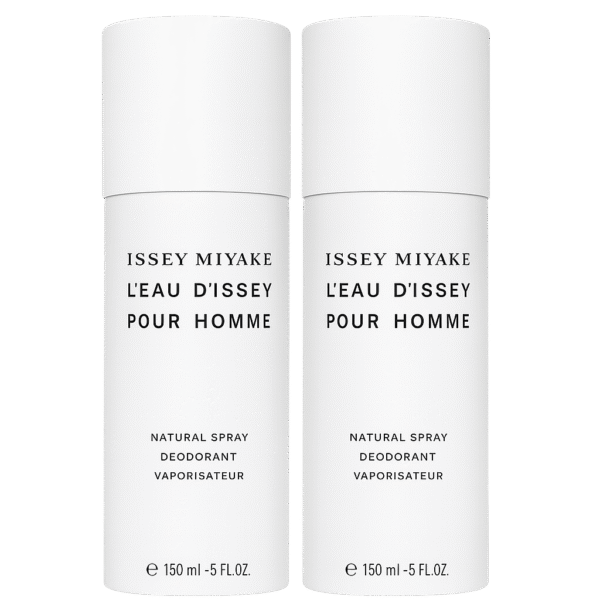 Two white cylindrical bottles of 2x Issey Miyake L'eau D'issey 150ml Deodorant Spray for Men are shown, each labeled 150ml / 5 fl. oz. Two white cylindrical bottles of 2x Issey Miyake L'eau D'issey 150ml Deodorant Spray for Men are shown, each labeled 150ml / 5 fl. oz.