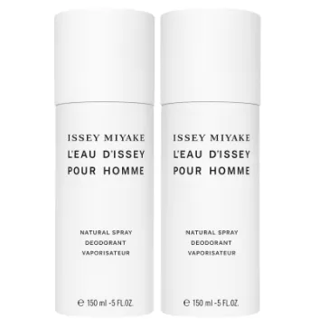 Two white cylindrical bottles of 2x Issey Miyake L'eau D'issey 150ml Deodorant Spray for Men are shown, each labeled 150ml / 5 fl. oz.