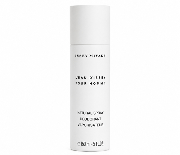 A white cylindrical bottle of Issey Miyake L'eau D'issey 150ml Deodorant Spray for Men, featuring black text on the front.