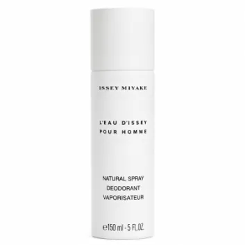 A white cylindrical bottle of Issey Miyake L'eau D'issey 150ml Deodorant Spray for Men, featuring black text on the front.