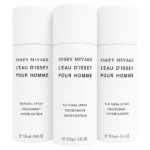 Three white cylinders of 3x Issey Miyake L'eau D'issey 150ml Deodorant Spray for Men, each labeled and featuring a 150ml capacity.