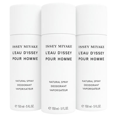 Three white cylinders of 3x Issey Miyake L'eau D'issey 150ml Deodorant Spray for Men, each labeled and featuring a 150ml capacity.