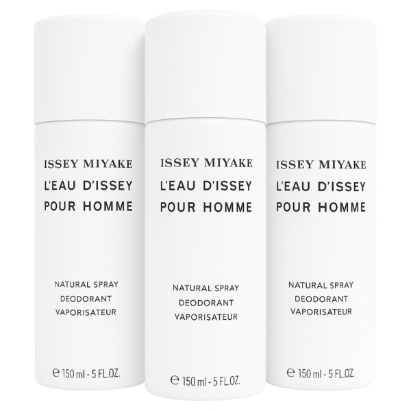 Three white cylinders of 3x Issey Miyake L'eau D'issey 150ml Deodorant Spray for Men, each labeled and featuring a 150ml capacity. Three white cylinders of 3x Issey Miyake L'eau D'issey 150ml Deodorant Spray for Men, each labeled and featuring a 150ml capacity.