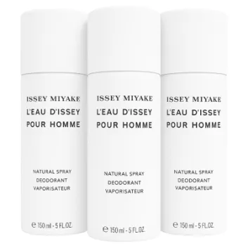 Three white cylinders of 3x Issey Miyake L'eau D'issey 150ml Deodorant Spray for Men, each labeled and featuring a 150ml capacity.