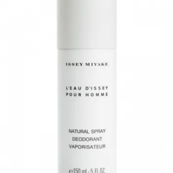 A white cylindrical bottle of Issey Miyake L'eau D'issey 150ml Deodorant Spray for Men, featuring black text on the front.