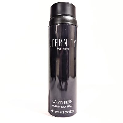 A black canister of Calvin Klein Eternity for Men body spray, 5.3 oz, is standing upright against a white background.