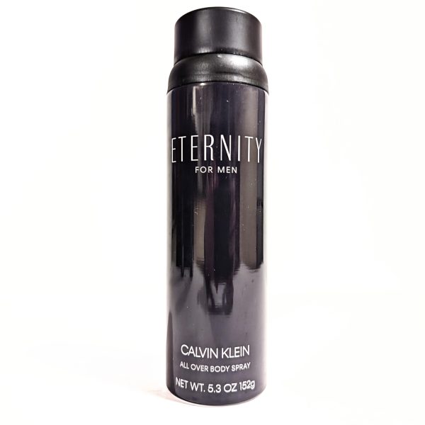 A black canister of Calvin Klein Eternity for Men body spray, 5.3 oz, is standing upright against a white background. A black canister of Calvin Klein Eternity for Men body spray, 5.3 oz, is standing upright against a white background.