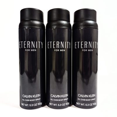 Three black cans of Calvin Klein Eternity for Men body spray, each 5.3 oz, are lined up side by side against a white background.