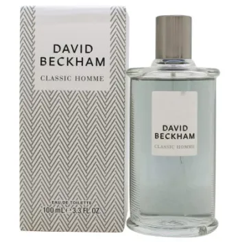 A 100ml bottle of David Beckham Homme EDT for Men is displayed beside its patterned box packaging.