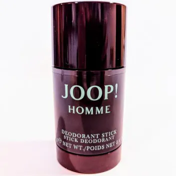 A dark cylindrical container of Joop! Homme Deodorant Stick For Men, featuring light blue text on the front and a net weight of 75ml.