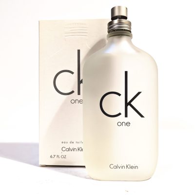 A frosted glass bottle of CK One EDT 200ml, Calvin Klein CK One Eau De Toilette for Unisex Men and Women, appears before its matching box—both featuring minimalist black text.