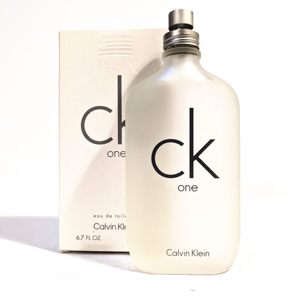 A frosted glass bottle of CK One EDT 200ml, Calvin Klein CK One Eau De Toilette for Unisex Men and Women, appears before its matching box—both featuring minimalist black text.