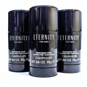 A cluster of three black Calvin Klein Eternity For Men deodorant sticks, labeled as alcohol-free and weighing 75 ml each, is shown against a white background.