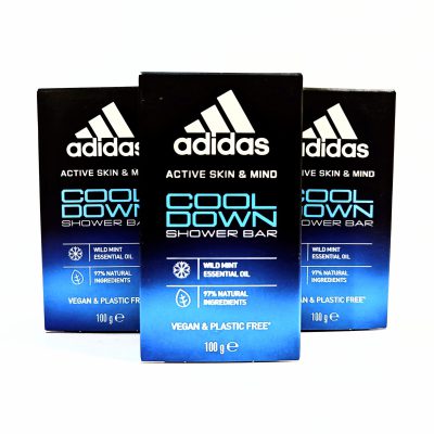Three 100g bars of Adidas Cool Down Shower Bar Soap for Men—vegan, plastic free, with wild mint essential oil, and 97% natural ingredients.