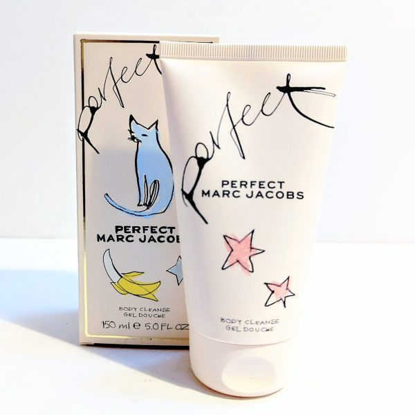 A 150ml tube and box of Marc Jacobs Perfect Shower Gel Body Wash for Women, featuring minimalist blue cat and pastel star illustrations with handwritten-style text.