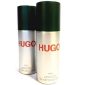 Two silver 150ml Hugo Man Deodorant Spray cans by Hugo Boss, each with a green cap and bold red 