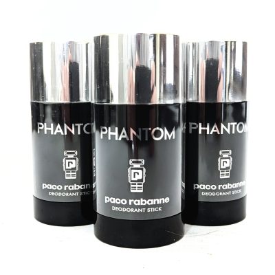 Three 75ml Paco Rabanne Phantom Deodorant Sticks are lined up side by side on a white background.