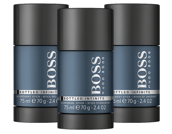 Three 75ml Hugo Boss Bottled Infinite deodorant sticks for men from the 3x pack are displayed side by side on a white background.