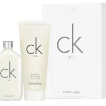 Calvin Klein CK One Gift Set includes a 50ml EDT fragrance and a 100ml shower gel for men, all in a stylish white box with product branding.