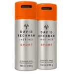 Two silver and orange cans of 2x David Beckham Instinct Sport Deodorant for Men, 150ml each, are placed side by side against a white background.