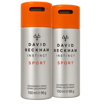 Two silver and orange cans of 2x David Beckham Instinct Sport Deodorant for Men, 150ml each, are placed side by side against a white background.