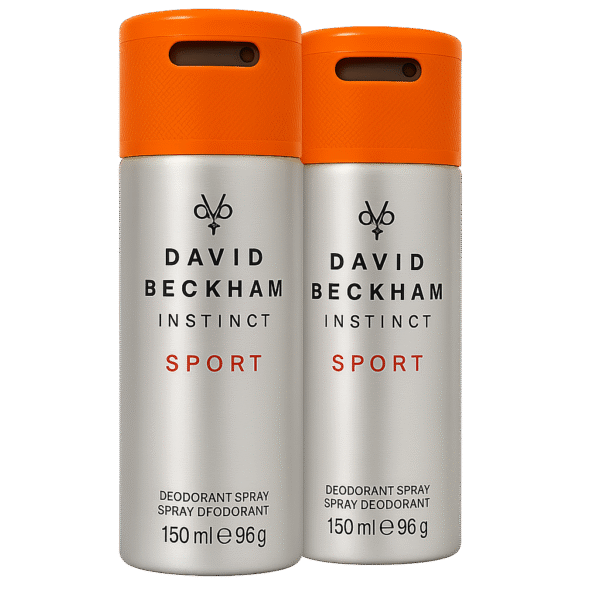 Two silver and orange cans of 2x David Beckham Instinct Sport Deodorant for Men, 150ml each, are placed side by side against a white background.