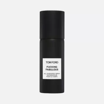 A black cylindrical spray bottle labeled "Tom Ford F*** Fabulous All Over Body Spray 150ml" stands against a plain light background.