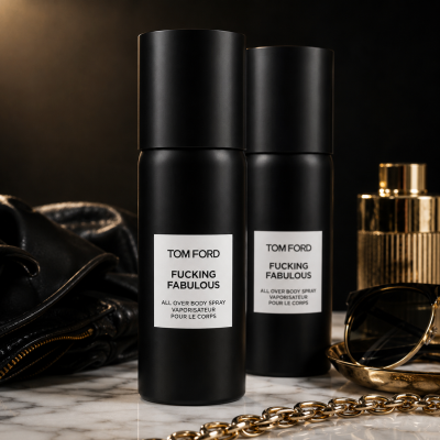 Two bottles of Tom Ford F*** Fabulous All Over Body Spray (150ml) are displayed on a marble surface, accompanied by accessories such as sunglasses, a chain, a black leather item, and a gold perfume bottle.