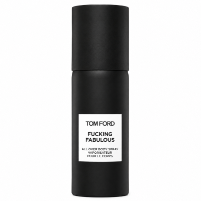 A black cylindrical bottle labeled "Tom Ford F*** Fabulous All Over Body Spray 150ml" on a white background.