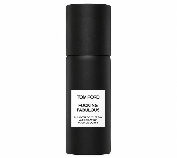 A black cylindrical bottle labeled "Tom Ford F*** Fabulous All Over Body Spray 150ml" on a white background.