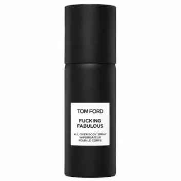 A black cylindrical bottle labeled "Tom Ford F*** Fabulous All Over Body Spray 150ml" on a white background.