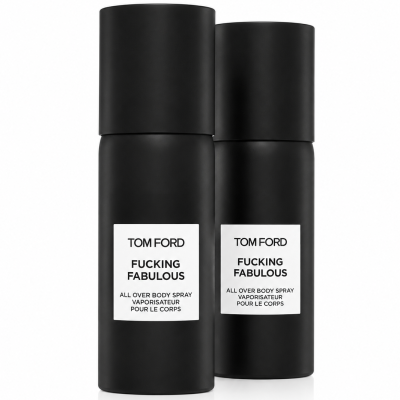 Two bottles of Tom Ford F*** Fabulous All Over Body Spray 150ml, each in sleek black with white rectangular labels, are positioned side by side on a white background.