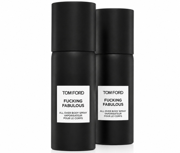 Two bottles of Tom Ford F*** Fabulous All Over Body Spray 150ml, each in sleek black with white rectangular labels, are positioned side by side on a white background.