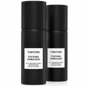 Two bottles of Tom Ford F*** Fabulous All Over Body Spray 150ml, each in sleek black with white rectangular labels, are positioned side by side on a white background.