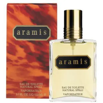A bottle of Aramis 110ml EDT Spray for Men, Classic Fragrance, is displayed beside its matching orange and brown box. Both feature the Aramis brand name and product details in gold text.