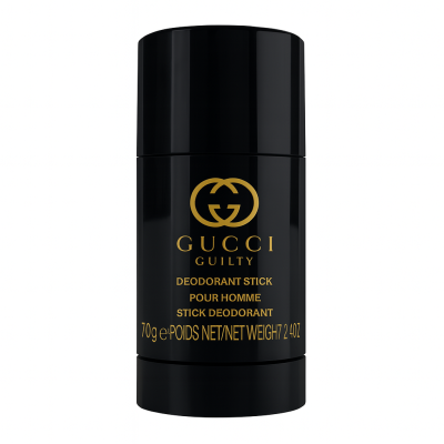 A black cylindrical 75ml Gucci Guilty Deodorant Stick for Men, featuring gold text and logo on the front.
