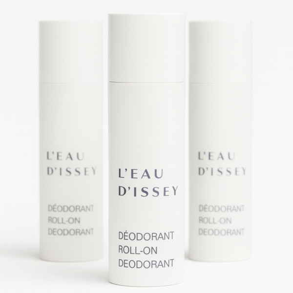 Three white cylindrical bottles of 3x Issey Miyake L'eau D'issey 50ml Deodorant Stick for Women stand upright against a plain background. Three white cylindrical bottles of 3x Issey Miyake L'eau D'issey 50ml Deodorant Stick for Women stand upright against a plain background.