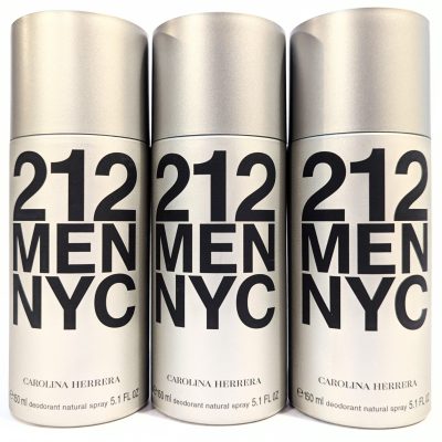Three 150ml cylindrical bottles of Carolina Herrera 212 NYC Men Deodorant Spray, featuring silver packaging.