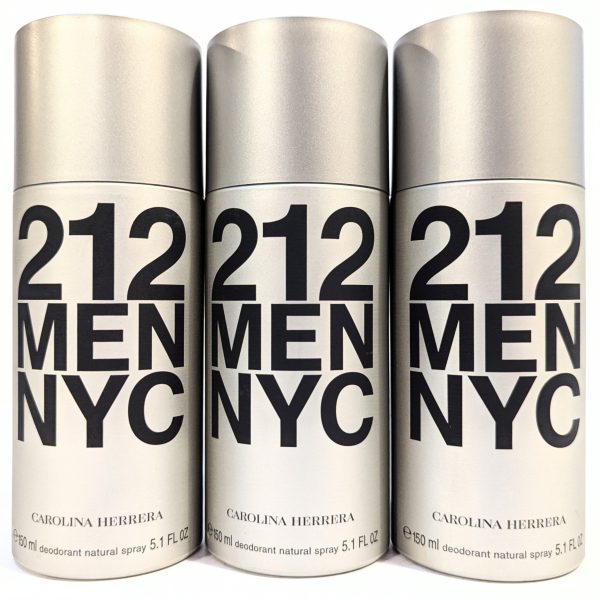 Three 150ml cylindrical bottles of Carolina Herrera 212 NYC Men Deodorant Spray, featuring silver packaging.