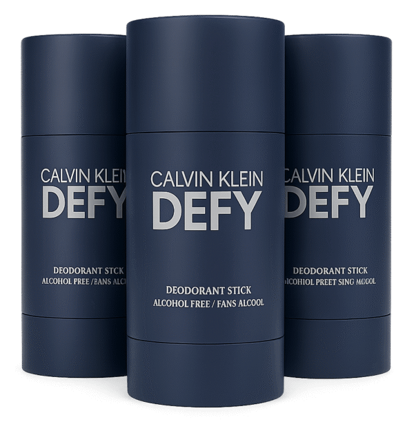 Three Calvin Klein Defy Deodorant Sticks for Men, 75ml each, in navy blue packaging are shown with one fully visible in front and the others behind. Labels display "Alcohol Free.