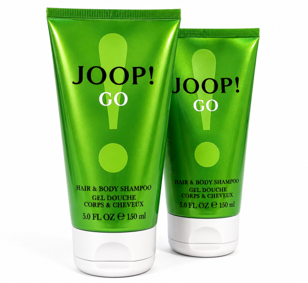Two green tubes of Joop Go Shower Gel Body Wash for Men, each containing 150 ml, are standing upright on a white surface. The packaging features black and white text along with a prominent exclamation mark design.