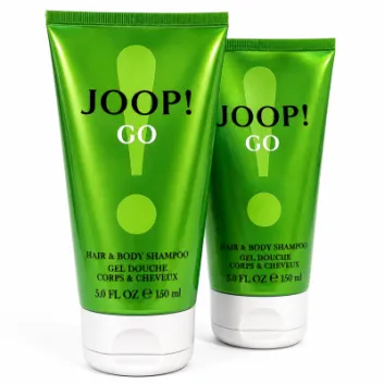 Two green tubes of Joop Go Shower Gel Body Wash for Men, each containing 150 ml, are standing upright on a white surface. The packaging features black and white text along with a prominent exclamation mark design.