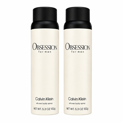 Two bottles of Calvin Klein Obsession for Men Body Spray, 150ml each, with black caps on a white background.