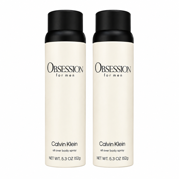Two bottles of Calvin Klein Obsession for Men Body Spray, 150ml each, with black caps on a white background.