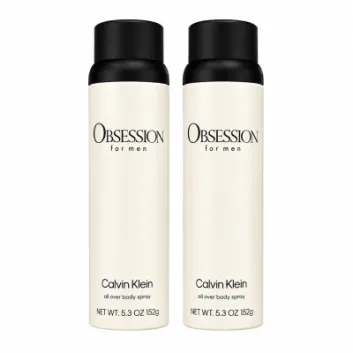 Two bottles of Calvin Klein Obsession for Men Body Spray, 150ml each, with black caps on a white background.