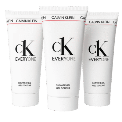 Three upright 100ml tubes of CK Everyone Shower Gel Body Wash for Men display the black logo and product name on the front.